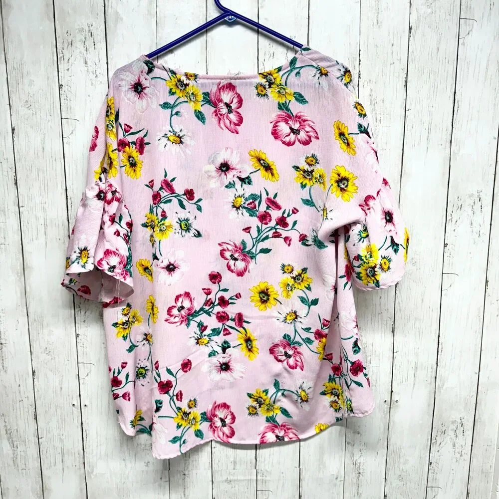 Red Lolly Shirt Women M‎ Short Sleeve High Low Floral Pink Round Neck Polyester - Picture 7 of 7